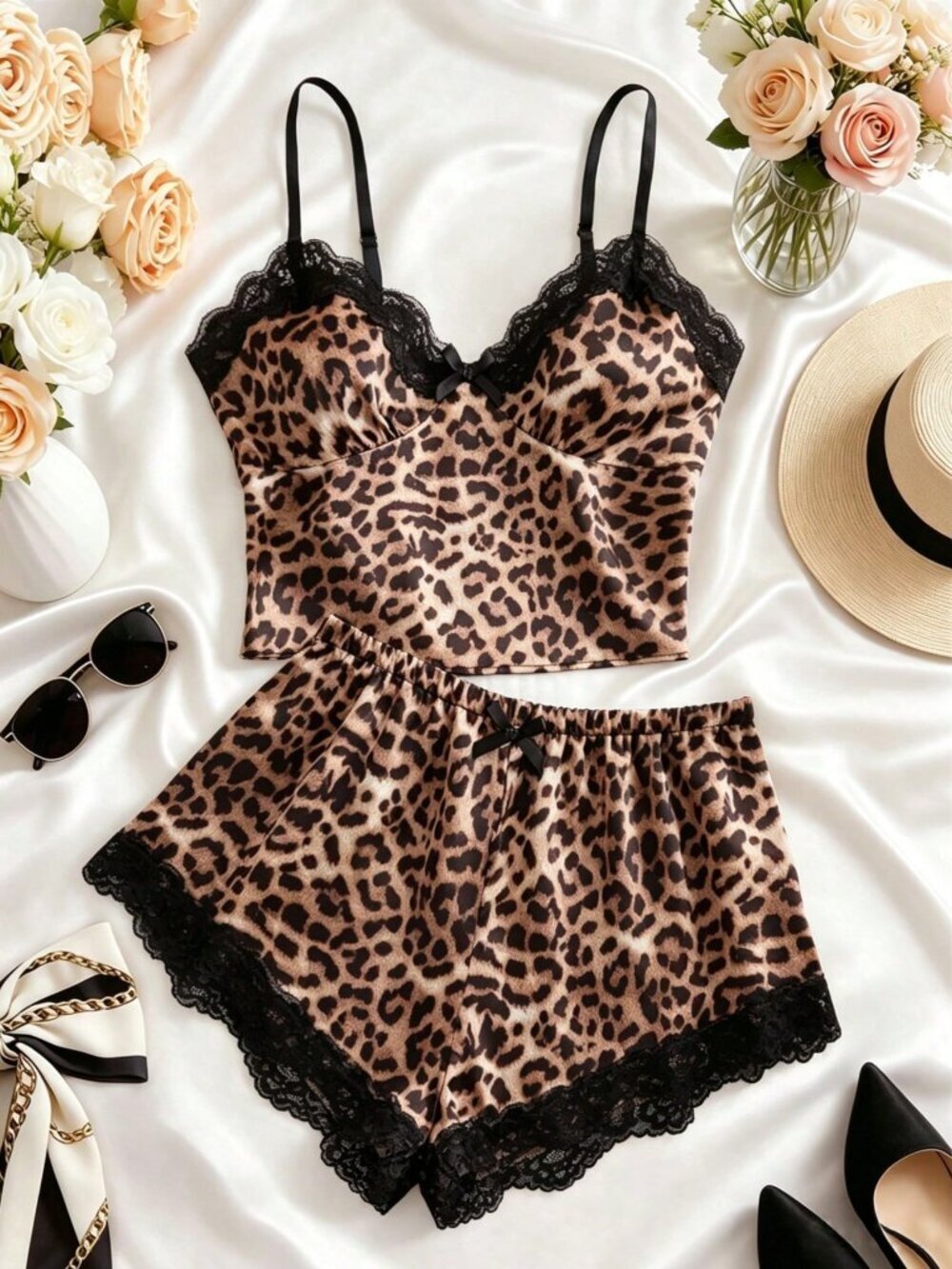 Brown Sexy Women's Leopard Pajama Top & Lace Patchwork Shorts